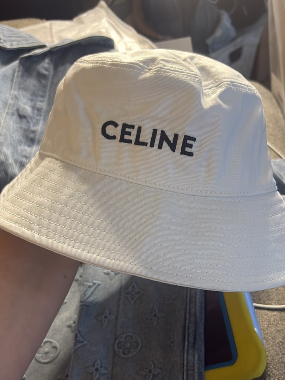 Celine White Bucket Hat with Gold Horse Carriage Emblem